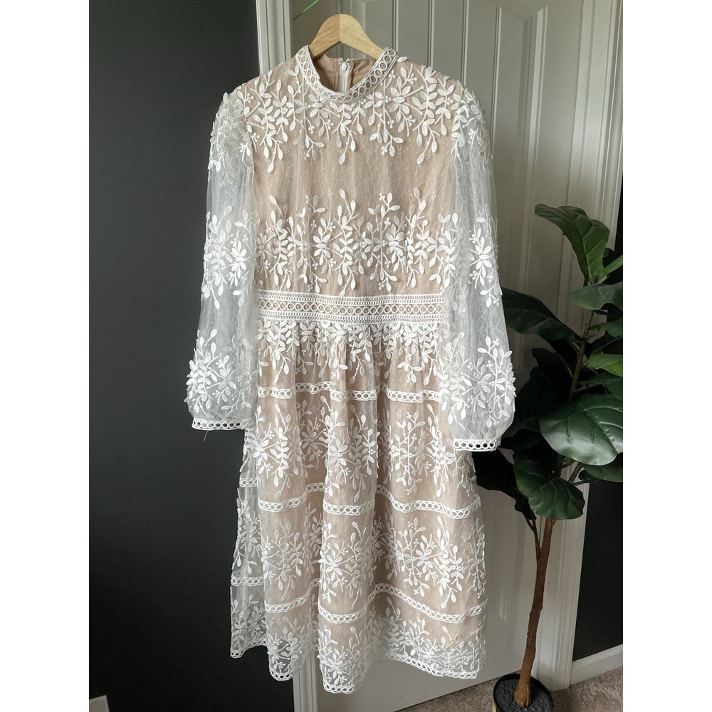 Ivy City Co Sicily Midi Dress Champagne Lace Embroidered L/S Boho Size 10
